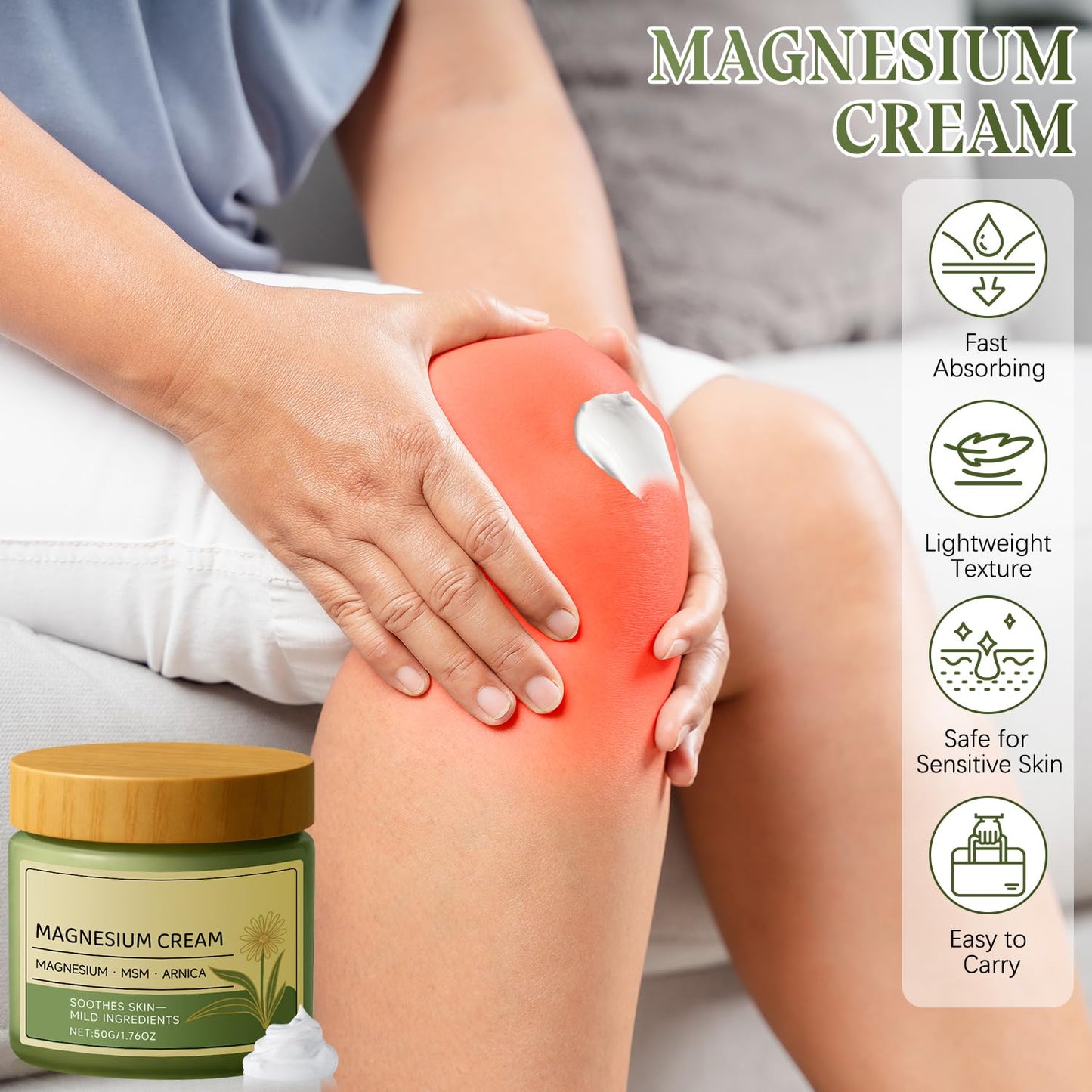 rexibuz 2Pcs Magnesium Cream with MSM & Arnica, Nerve Relief Magnesium Cream, Fast-Absorbing & Non-Greasy Hydrating Lotion, Gentle Formula for Skin Soothing, 50g/1.76oz
