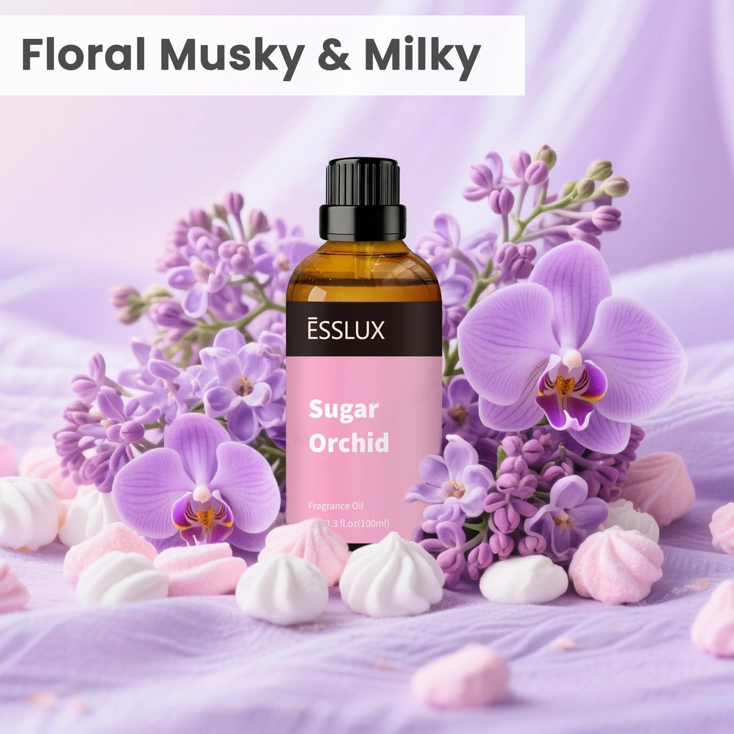 Sugar Orchid Fragrance Oil, ESSLUX Essential Oils for Candle Making 100ml 3.3 oz, Inspired by Yara Perfume Oils for Home for Diffuser, Massage, Soap, Large Single Scented Oils