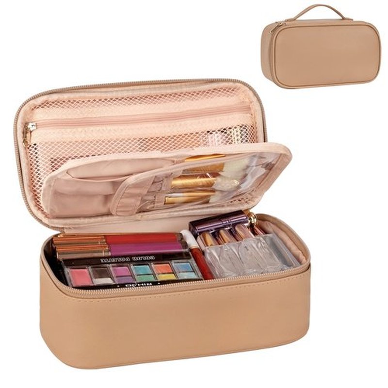 OCHEAL Small Makeup Bag,Portable Cute Travel Makeup Bag Pouch for Women Girls Makeup Brush Organizer Cosmetics Bags with Compartment-Beige Apricot