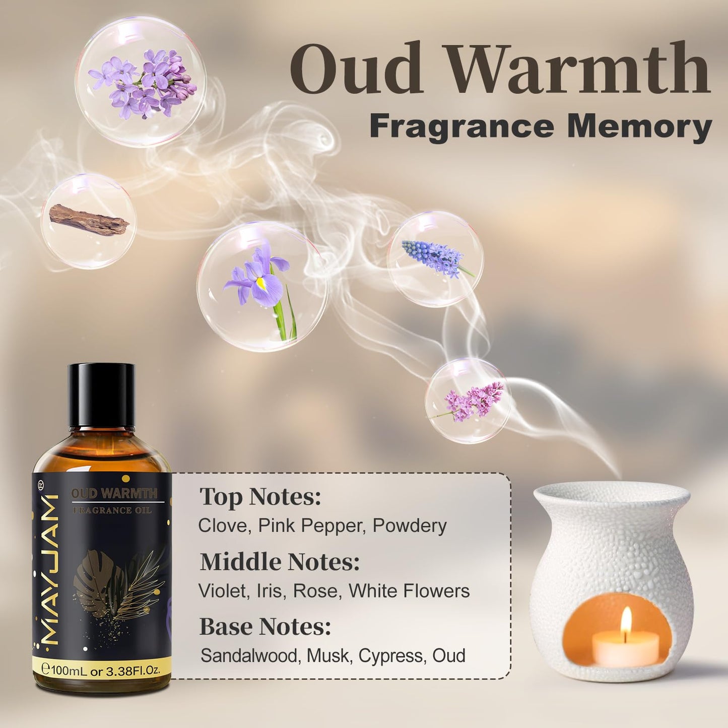 Oud Warmth Fragrance Oil Essential Oil, MAYJAM 3.38FL.OZ Oud Warmth Oil for Diffusers for Home, Long Lasting Scented Oils for Soap Candle Making - 100ML