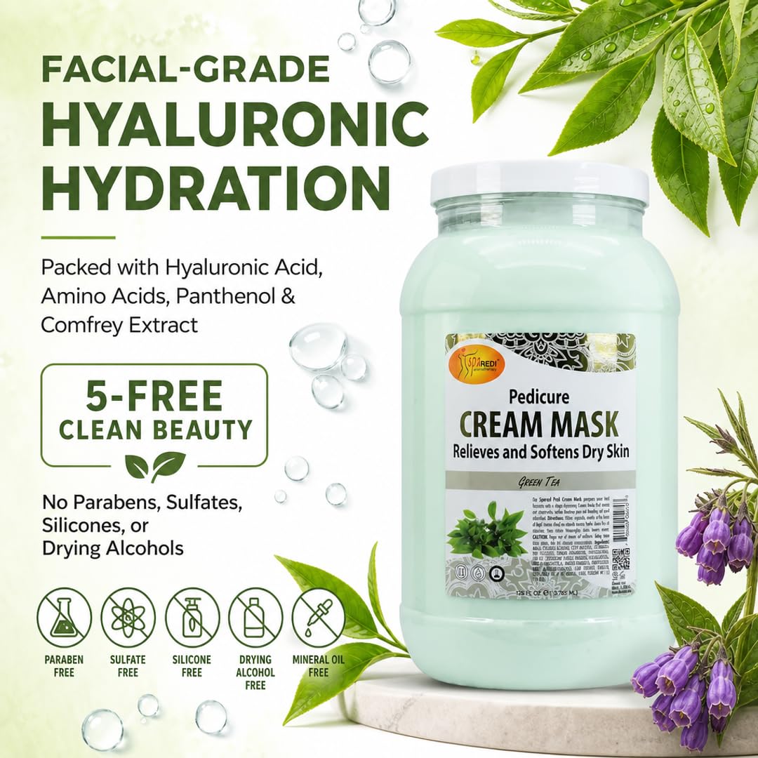SPA REDI Green Tea Pedicure Mask – Hyaluronic Acid & Comfrey Extract Foot Mask for Cracked Heels & Dry Skin | Paraben-Free, Sulfate-Free, Cruelty-Free | Professional & At-Home Use | 128 oz
