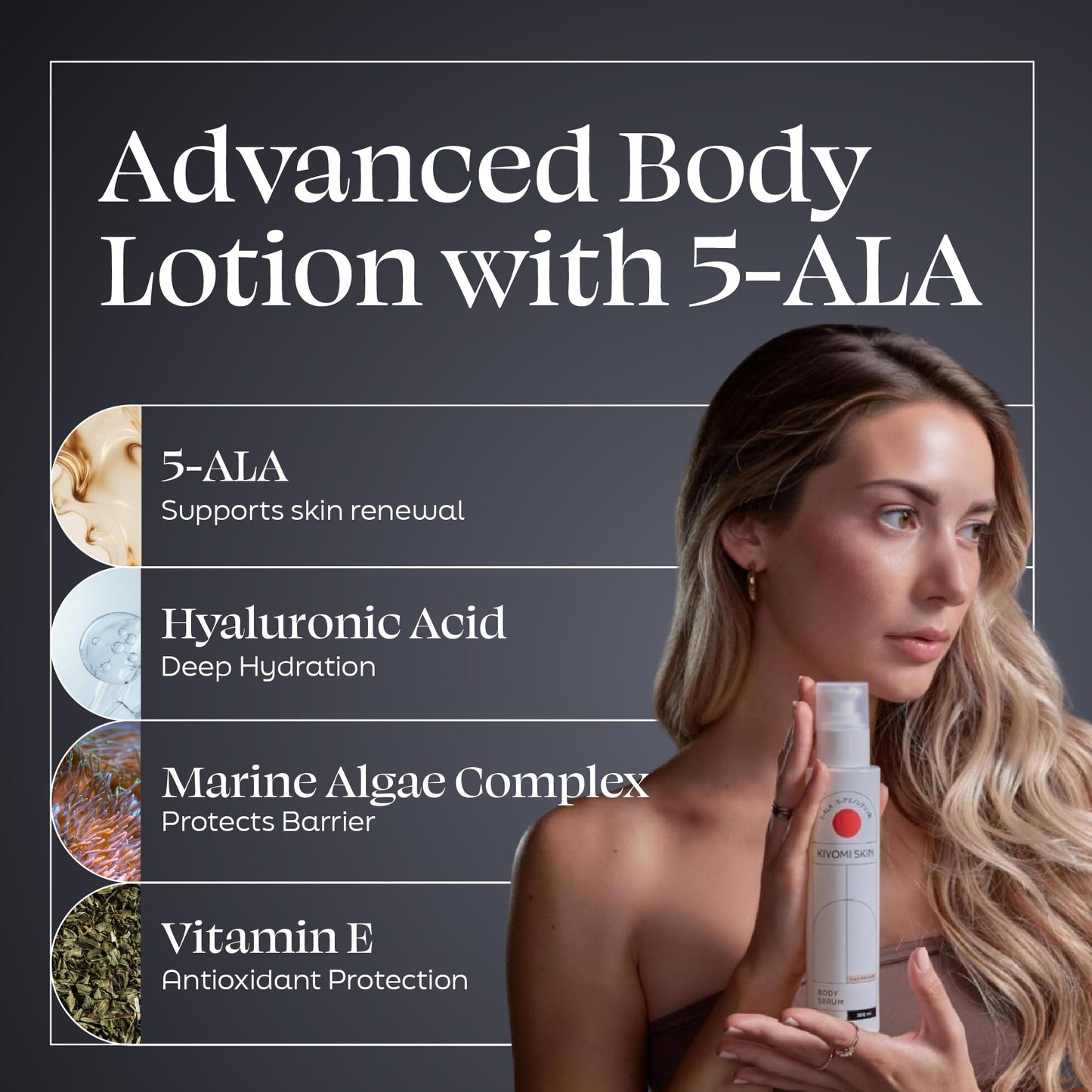 Kiyomi Skin Hydrating Body Lotion - Body Serum with 5-ALA, Hyaluronic Acid and Marine Algae - Fast-Absorbing Moisturizer for Dry, Rough Skin - Fragrance-Free Gel - Made in Germany - 3.4 Fl Oz