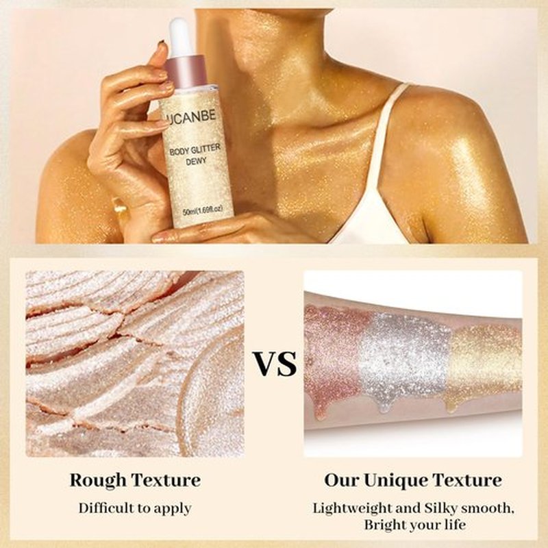 UCANBE Face Body Glitter Liquid Highlighter Illuminator Dewy Drops with Makeup Brush, Makeup Sparkle Shine Luminizer Enhancer Skin Body Shimmer Oil Tint 50ml/1.69oz (03 Rose Gold, Standard)