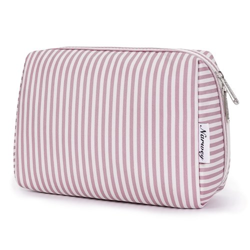 Narwey Striped Makeup Bag Travel Cosmetic Bag Organizer Toiletry Bag Make Up Bags with Compartments for Women (Large, Dusty Rose Stripe)