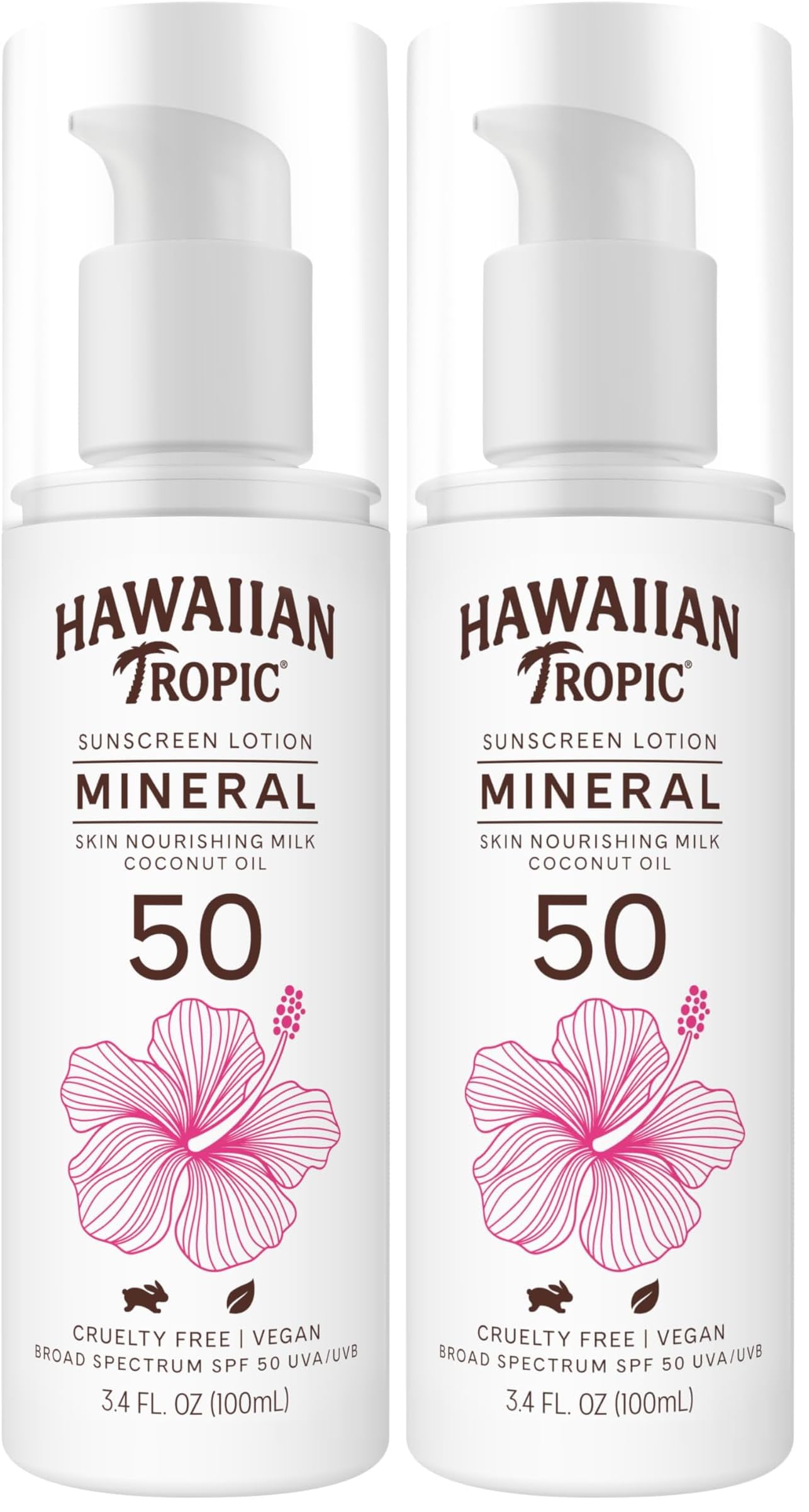 Hawaiian Tropic Skin Nourishing Milk Mineral Sunscreen Lotion SPF 50, 3.4oz | Travel Size Sunscreen Zinc Oxide, Sun Milk, Mineral Sunblock SPF 50, Oxybenzone-Free, 3.4oz (Pack of 2)
