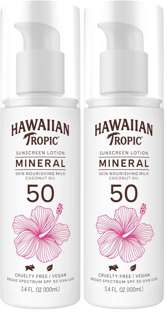 Hawaiian Tropic Skin Nourishing Milk Mineral Sunscreen Lotion SPF 50, 3.4oz | Travel Size Sunscreen Zinc Oxide, Sun Milk, Mineral Sunblock SPF 50, Oxybenzone-Free, 3.4oz (Pack of 2)