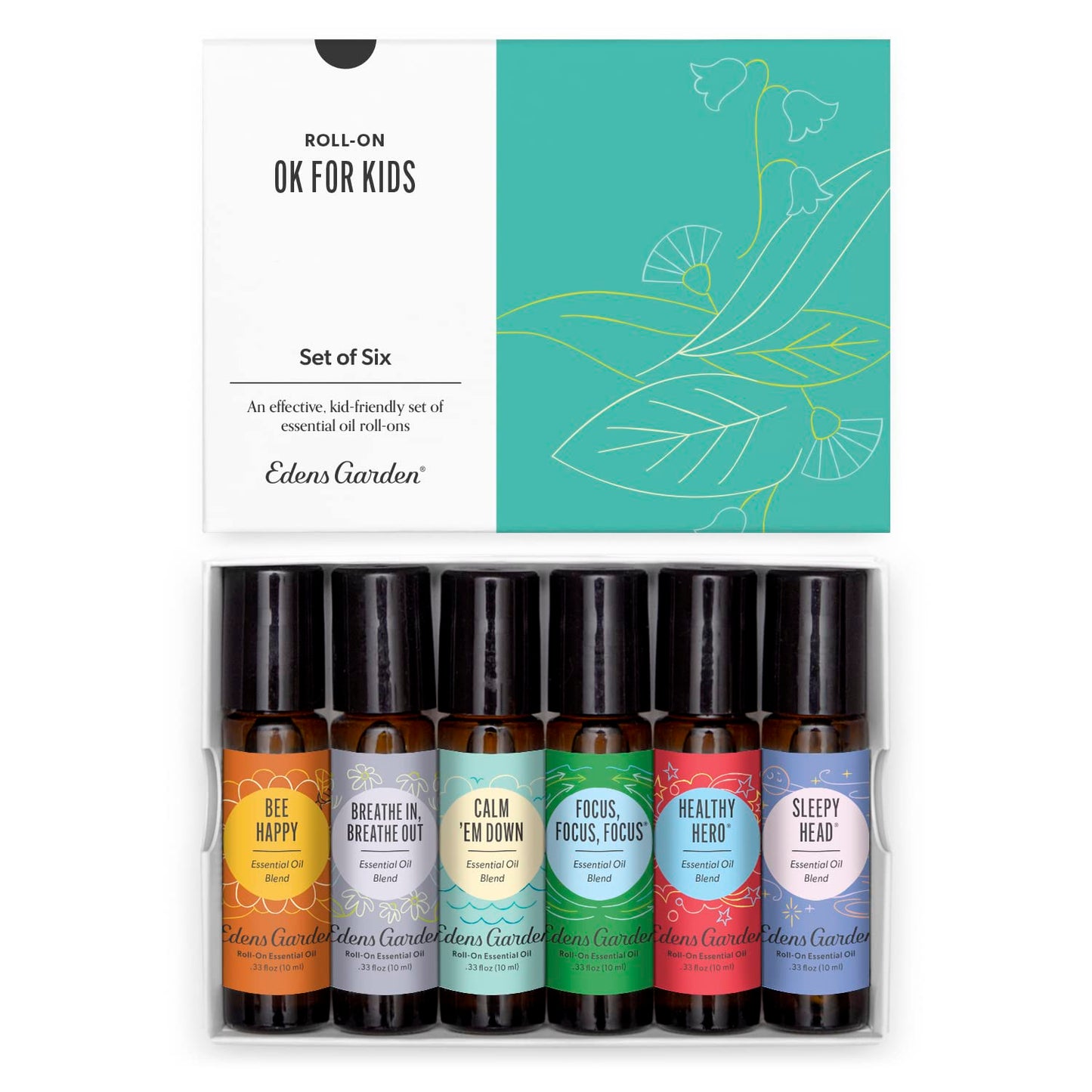 Edens Garden OK for Kids Essential Oil Roll-On 6 Set – 100% Pure Therapeutic Grade, Natural Aromatherapy Blends for Calm, Gentle & Gentle Skin Care – Pre-Diluted & Ready to Use, 10 ml Roll-On/ 6 Pack