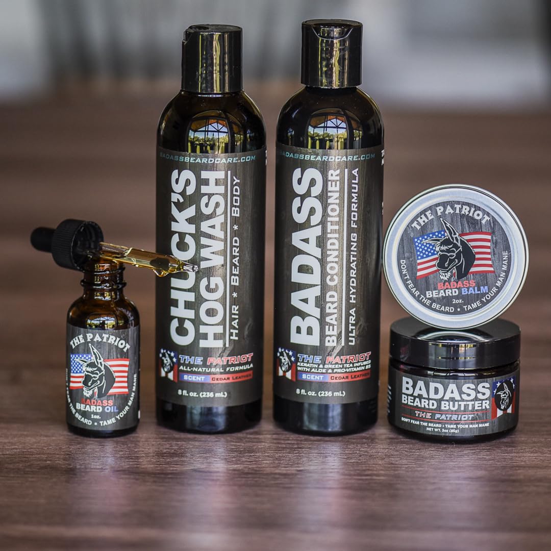 Badass Beard Care Complete Beard Care Kit - 5 Full Size Essentials - Includes Beard Oil, Beard Balm, Beard Butter, Wash and Conditioner - Promotes Fuller & Thicker Beard Growth (The Patriot)