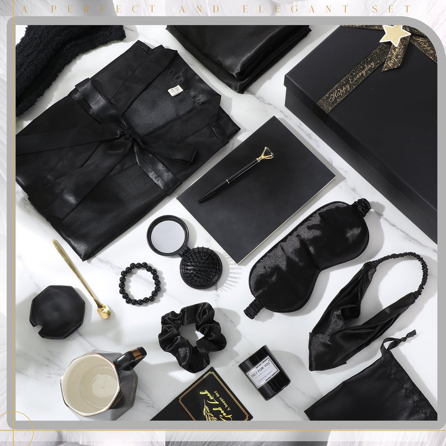 Twistover 16 Pcs Birthday Gifts for Women: Luxury Robe & Blanket Spa Basket, Graduation Gifts for Women -scented Candle, Mug, Notebook, Pillowcase & Self Care Essentials(Black)
