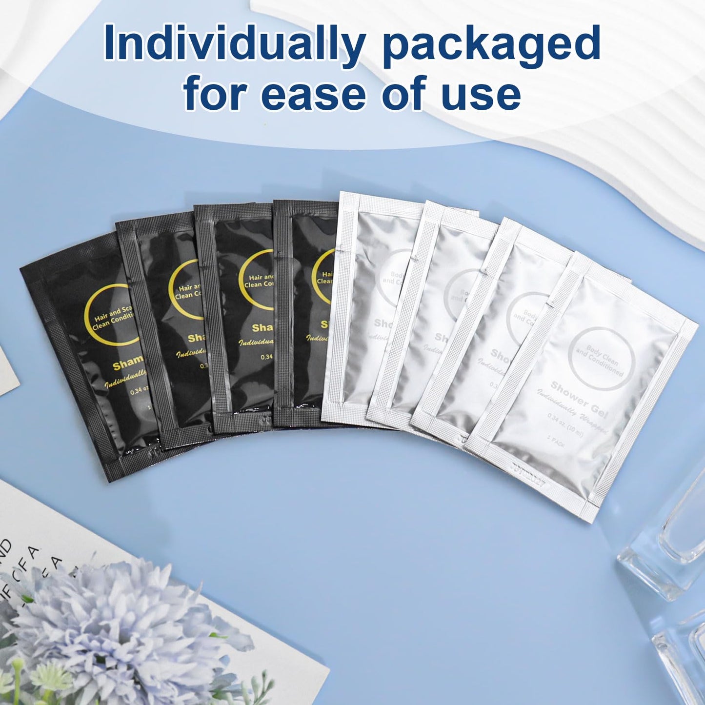 RSQAZQ Travel Size Shampoo and Body Wash Bulk, Individually Wrapped Hotel Mini Shower Gel and Small Men Women Cleansing Toiletries Amenities for Hotel Guests/Vacation/Homeless 0.34 oz (60 Pack)