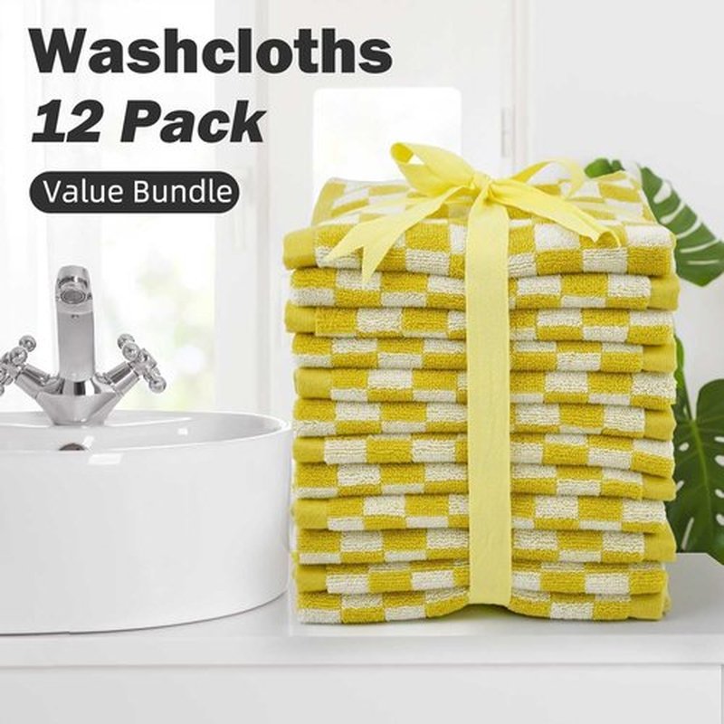 Super Soft Wash Cloths(Mustard Yellow Checkered), 12 Pack Washcloths Facecloth, Cotton Face Towels Set for Body Showering 13x13 Inches, Gifts