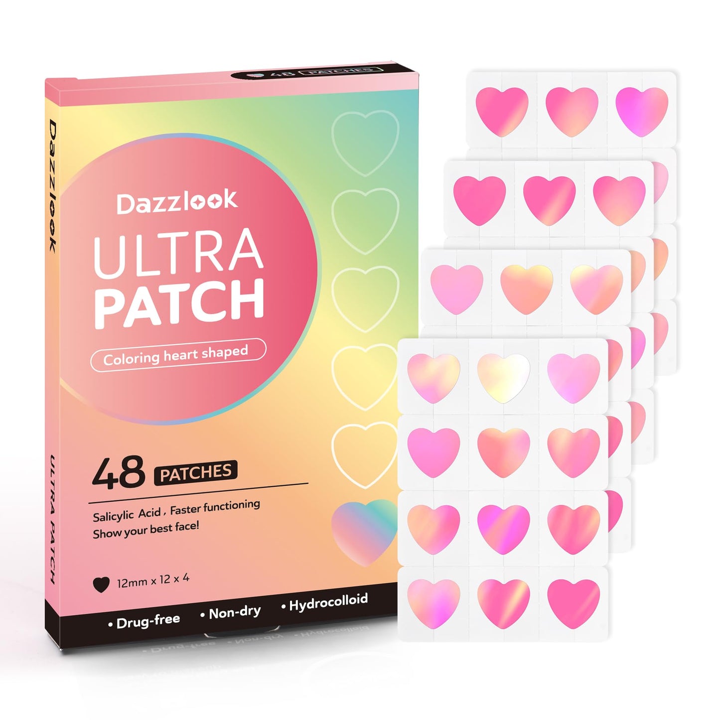 Dazzlook Cute Pink Heart Pimple Patch with Salicylic Acid, Hydrocolloid Pimple Stickers Iridescent Colors 48 Pcs, Fashion Zits Blemishes Breakouts Patches