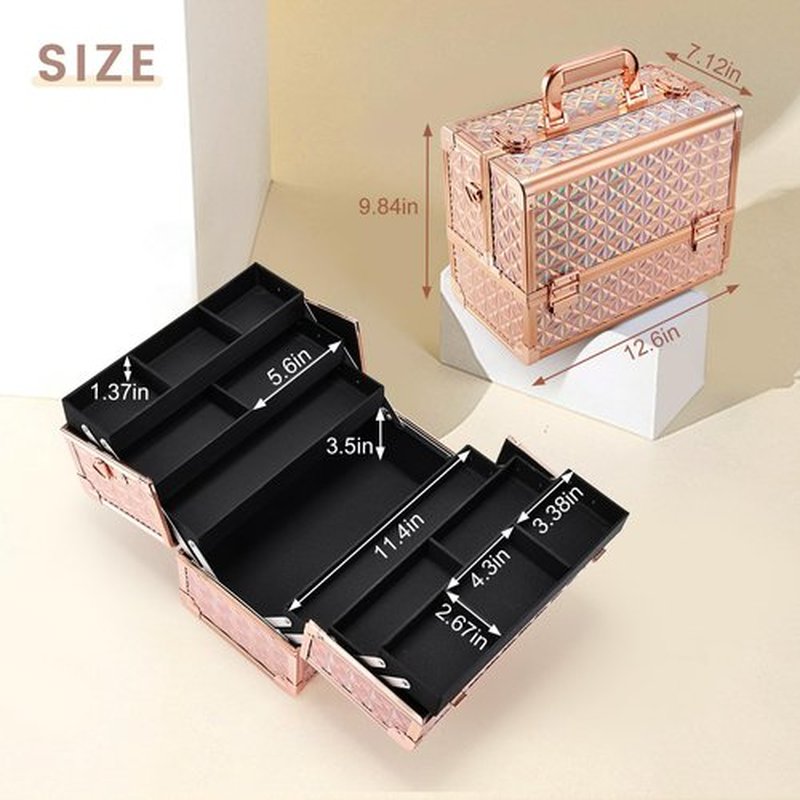 FRENESSA Extra Large Makeup Organizer Case Cosmetic Train Case 6 Trays Large Bottom with Shoulder Strap Travel Makeup Case for Makeup Artist, Cosmetology, Nail Tech Kits Makeup Box Storage Rose Gold