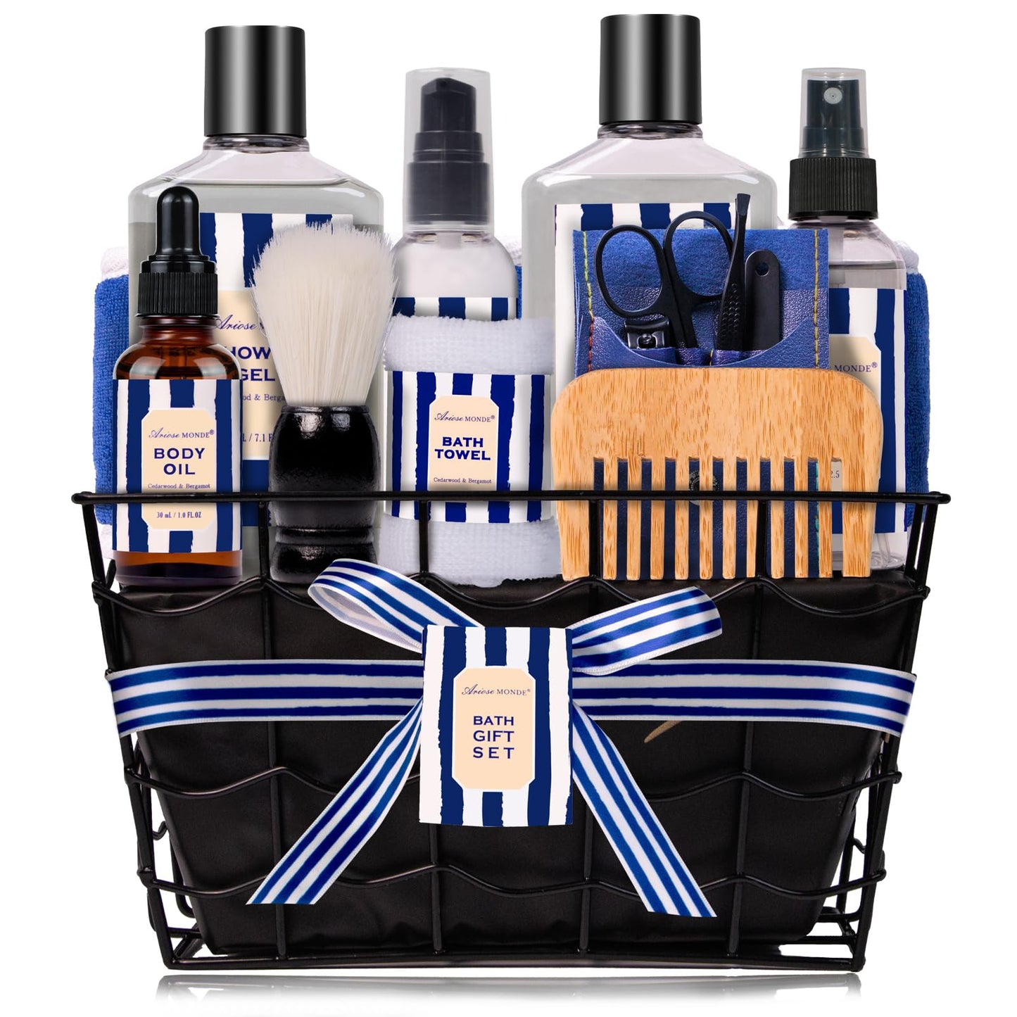 Fathers Gifts for Men Dad Bath and Body Gift Sets for Men with 10 Pcs Cedar & Bergamot Spa Gifts Set, Bath Gift Set Includes Beard Balm, Bubble Bath.Perfect Relaxation Spa Gift Basket for Men