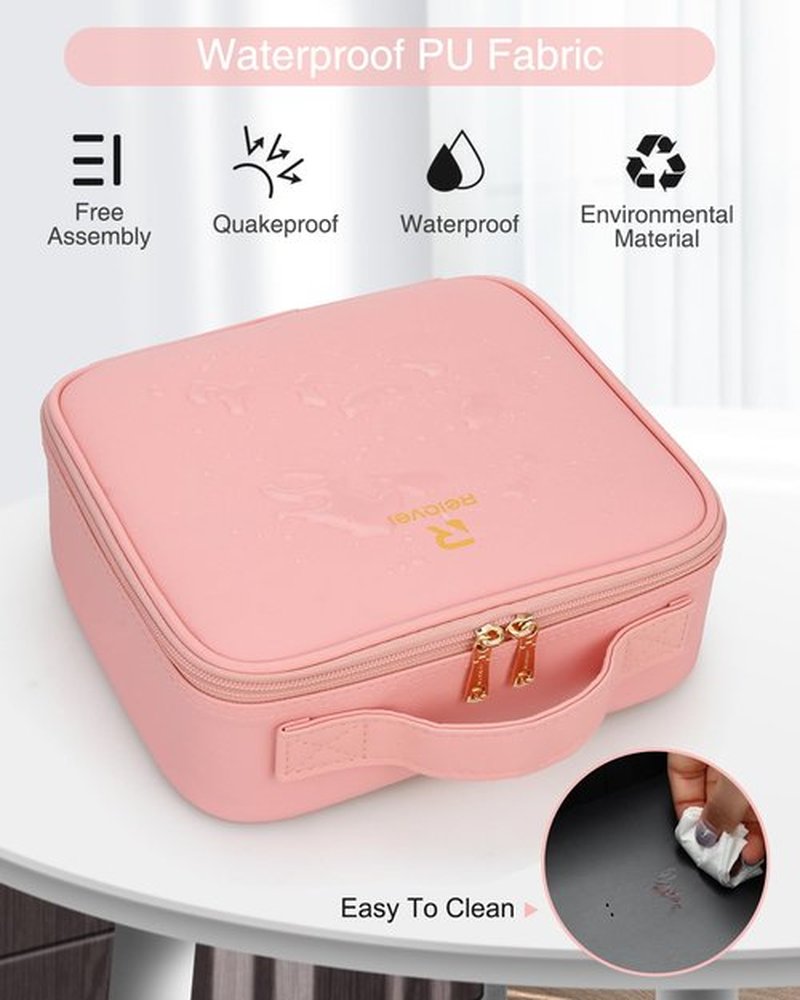 Relavel Travel Makeup Train Case Makeup Cosmetic Case Organizer Portable Artist Storage Bag with Adjustable Dividers for Cosmetics Makeup Brushes Toiletry Jewelry Digital (Pink with plastic dividers)