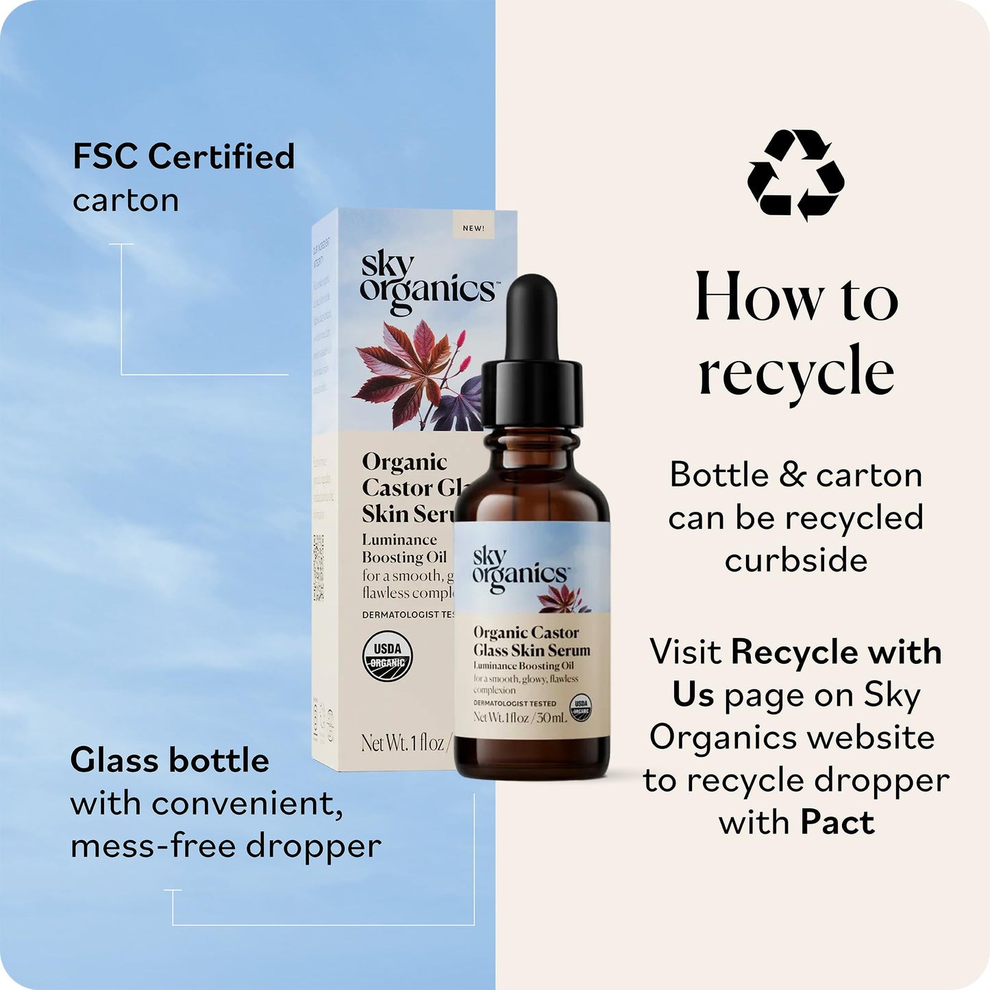 Sky Organics - Organic Castor Glass Skin Serum (1 fl oz/30 mL) Dermatologist Tested Natural Face Serum - Organic Castor Oil for Face, Neck, Chest - Jojoba Oil - Vegan, Cruelty Free, Beauty, Skin Care
