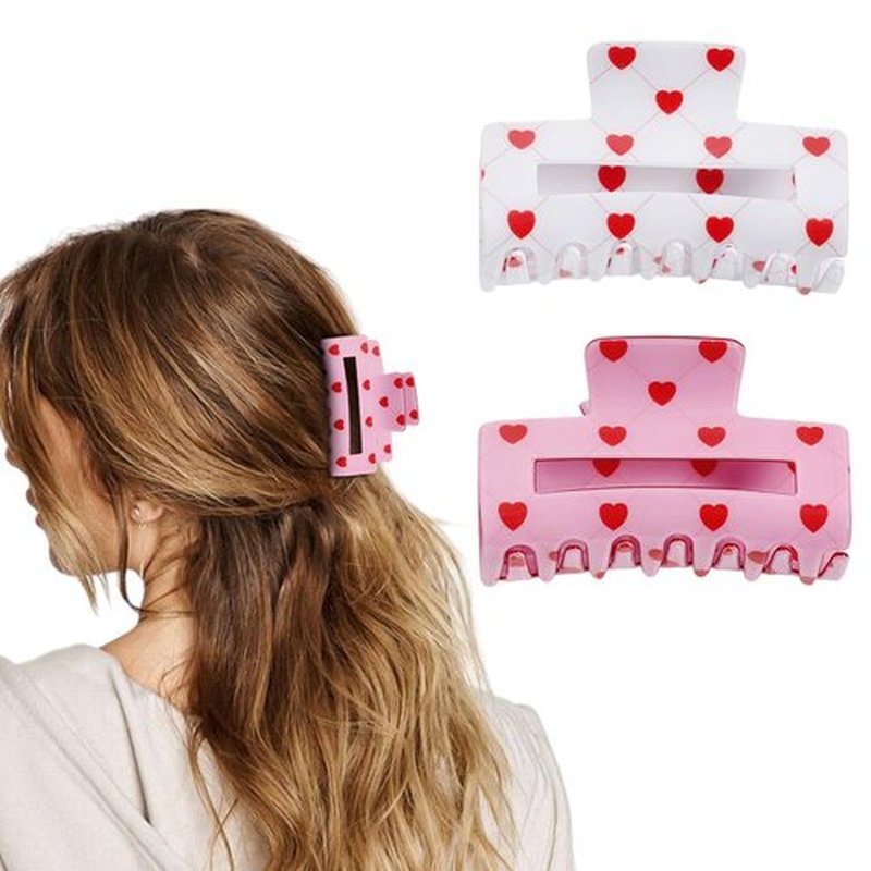 2Pcs Heart Hair Claw Clips for Women, Valentine’s Day Hair Clips, Non-Slip White Pink Claw Clips, Valentine’s Day Hair Accessories, Cute Red Heart Pattern Design, Claw Clips For Thin And Thick Hair