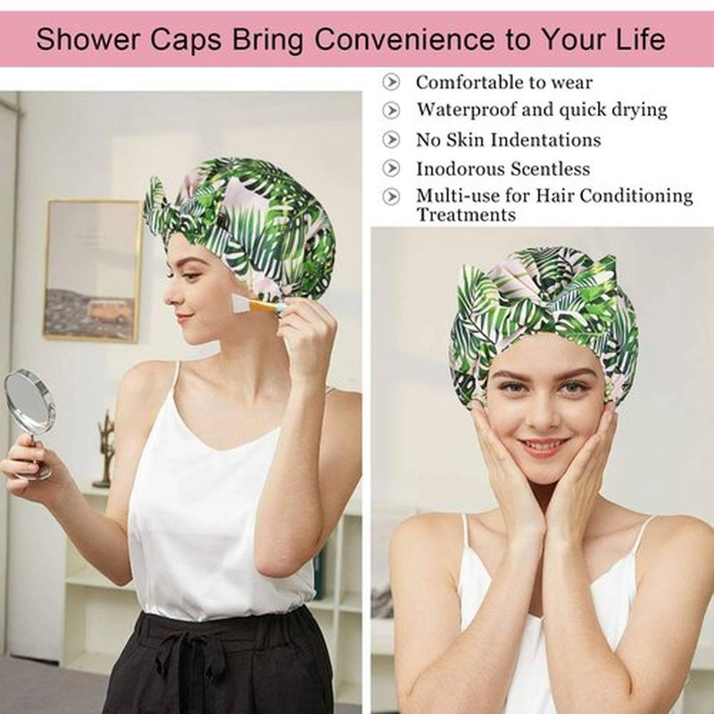 Luvruitaky Shower Cap Luxury Shower Caps for Women Reusable Waterproof Hair Cap for Shower with Adjustable Bowknot Hair Bath Cap (Green Palm)