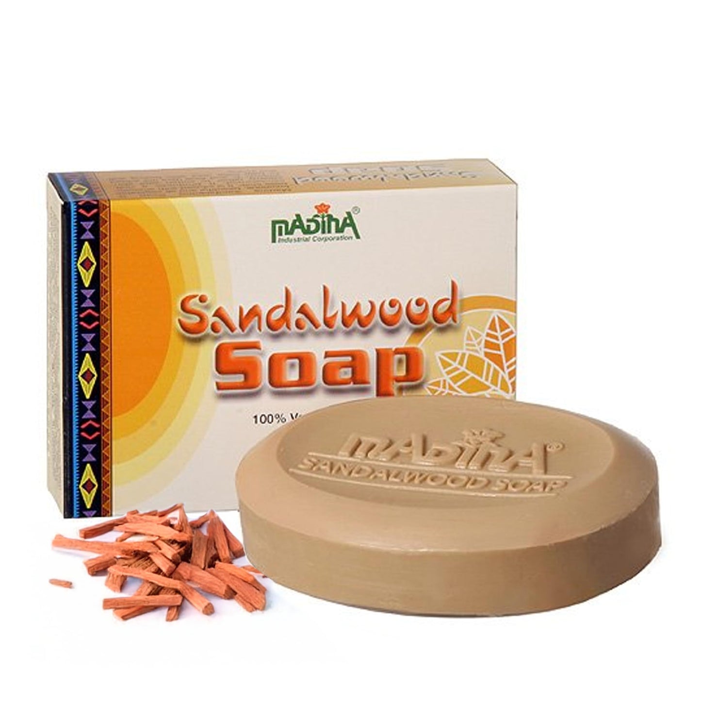 Madina Sandalwood Soap Bar – Moisturizing, Gentle Cleanser, Aromatic Sandalwood, Vitamin E, Aloe Vera, 100% Vegetable-Based, For All Skin Types, 6 Pack (3.5 oz Each)