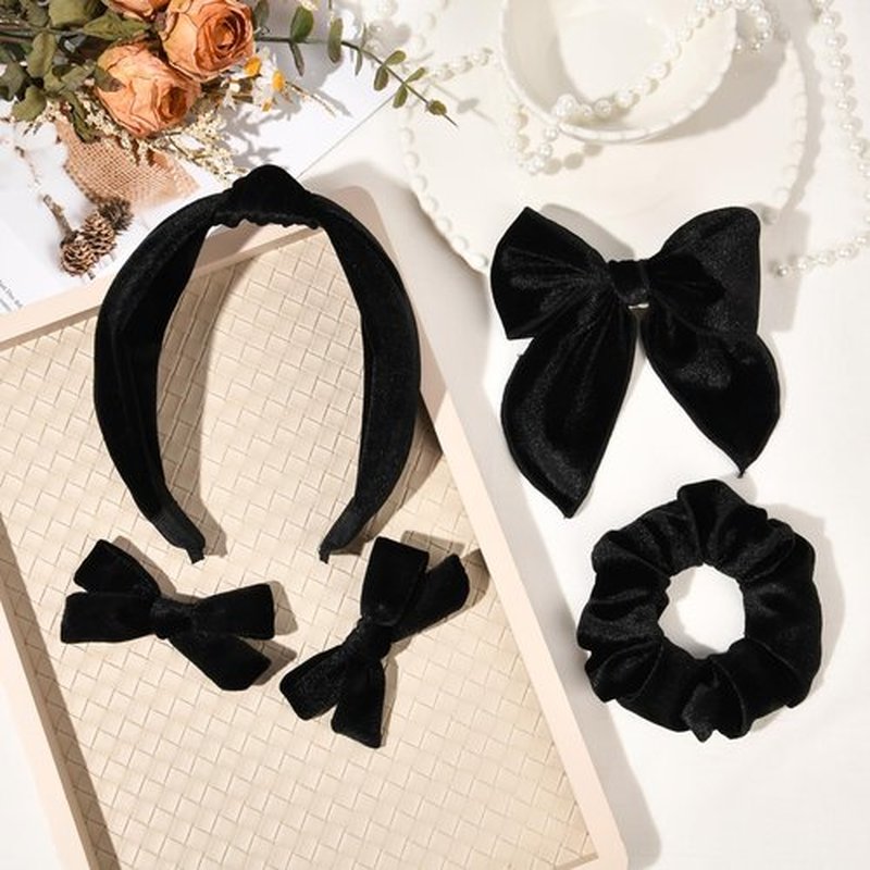 DEEKA Velvet Hair Bows & Knotted Headband & Scrunchy Fable Hair Bow Headband Set Velvet Scrunchies Alligator Clips for Toddler Girls Hair Accessories for Women and Girls (Black)