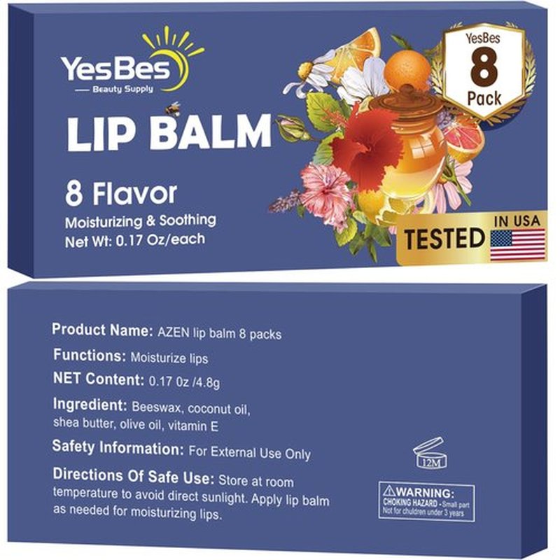 YesBes Lip Balm, 8 Pack Natural Bulk with Vitamin E & Coconut Oil, Moisturizing Dry Cracked Lips Protection, 8 Flavors - Stocking Stuffers