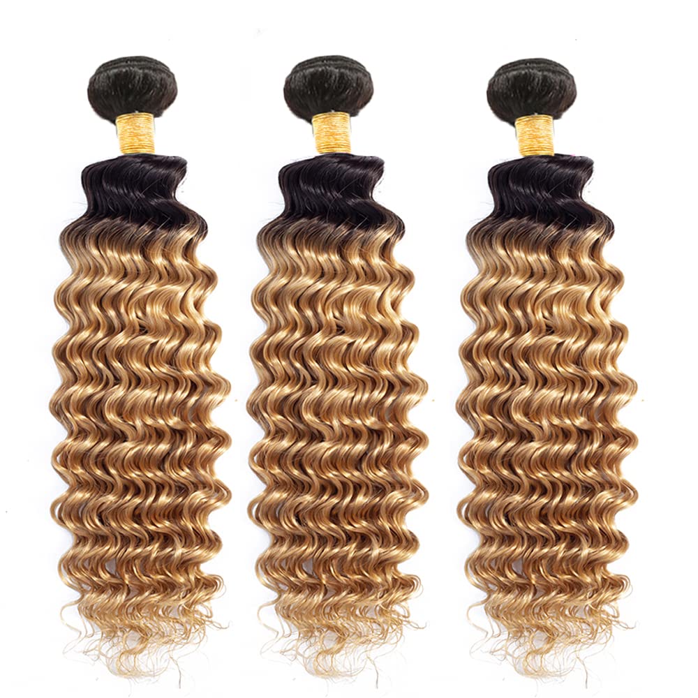 24 26 28 Inch Ombre Deep Wave Bundles Human Hair Honey Blonde Bundles 1b27 Ombre Bundles Brazilian Human Hair Virgin Remy Hair for Black Women 3 Bundles Double Weft 100g/Pc