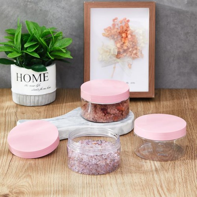 Dandat 24 Pcs Plastic Jars with Lid and Label PET Cosmetic Containers Leak Proof Empty Cosmetic Jars Refillable Storage Travel Jars for Lotion Cream Gel Powder Ointment(Clear with Pink Lid,8 oz)