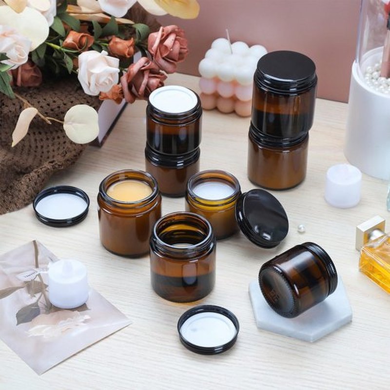 RAMFIYN 2oz Amber Glass Jars with Lids 24 Pack Cosmetic Containers with Lids Amber Candle Jars Empty Cosmetic Jars for Travel Amber Glass Jars for Lotion Cream