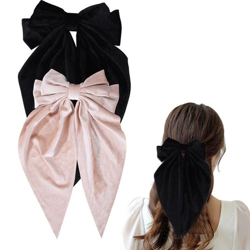 Oversized Velvet Hair Bows for Women Girls,Long Tail Handmade Bowknot Barrettes Velvet Bows Hair Accessories (Beige & Black)