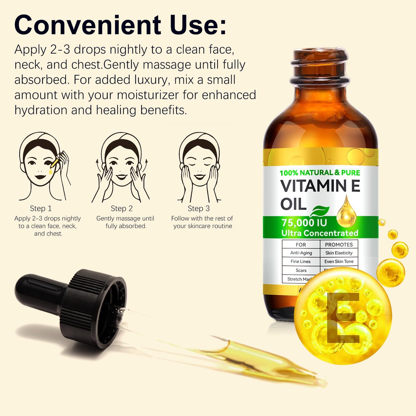 2PCS Vitamin E Oil for Skin Blend 75,000 IU, Natural Organic Vitamin E oil for Scars, Hair & Face (2 Fl Oz) - Non GMO, Cold Pressed, Cruelty Free Skin Repair & Moisturizing Solution, Easy to Absorbed