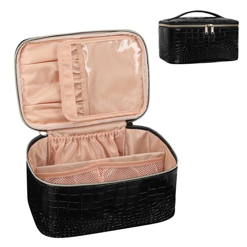 OCHEAL Makeup Bag, Portable Cosmetic Bag, Large Capacity Travel Makeup Case Organizer, Black Makeup Bags for Women Toiletry Bag for Girls Traveling With Handle and Divider-Leather