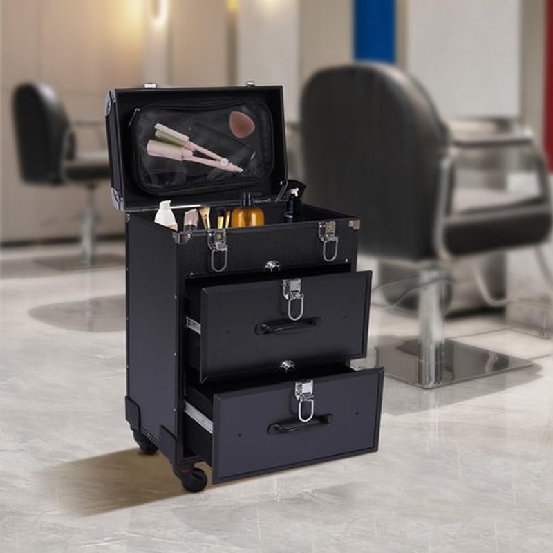 Rolling Makeup Case,Large Cosmetic Trolley with Locks, Professional Rolling Makeup Trolley with with dividers,Large Storage Cosmetic Trolley for Make-Up Artists Hairdressers Nail Technicians (Black)