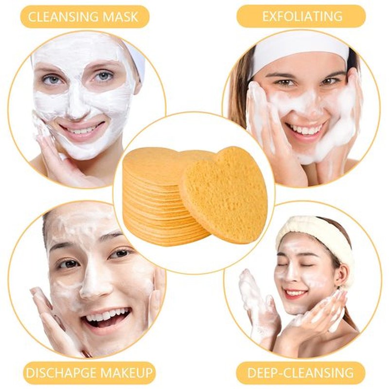 100-Count Compressed Facial Sponges for Estheticians Heart Shape Natural Cellulose Sponge Cosmetic Spa Sponges for Face Cleansing, Massage, Pore Exfoliating, Mask, Makeup Removal, Deep Yellow