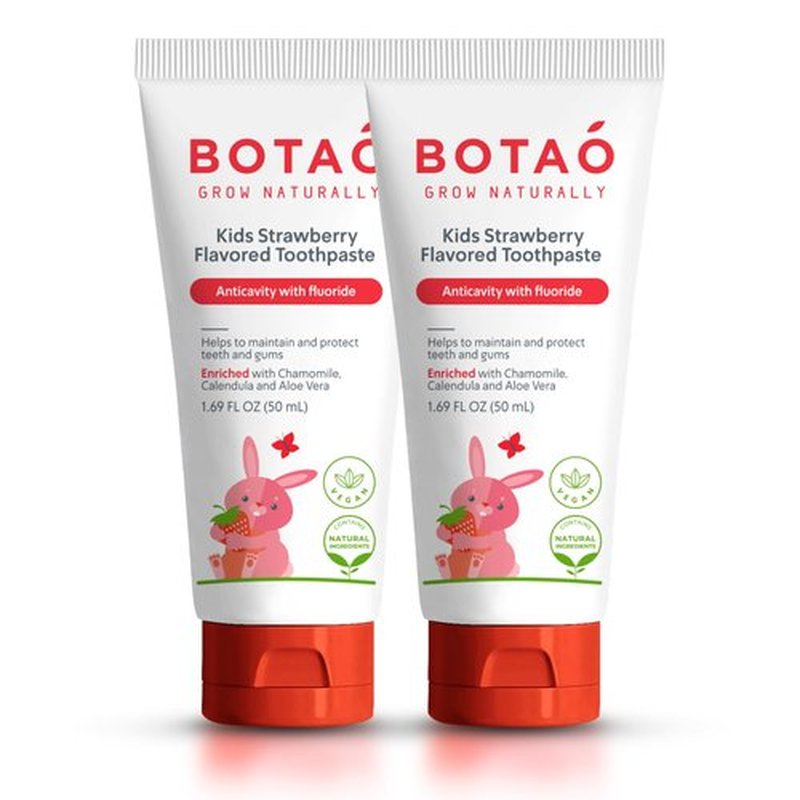 BOTAO Kids Toothpaste | Natural Strawberry Flavored Anticavity Fluoride Toothpaste Maximum Cavity Protection| EWG Verified, Vegan, SLS Free, Safe to Swallow, Aloe Vera (2Pack)