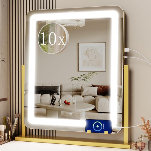 Gvnkvn Makeup Vanity Mirror with USB Charging Port 22" x 18" Large LED Makeup Mirror, Desk Mirorr with Lights, Light up Mirror with 10X Magnification and, Dimmable 3 Modes, Touch Screen Control
