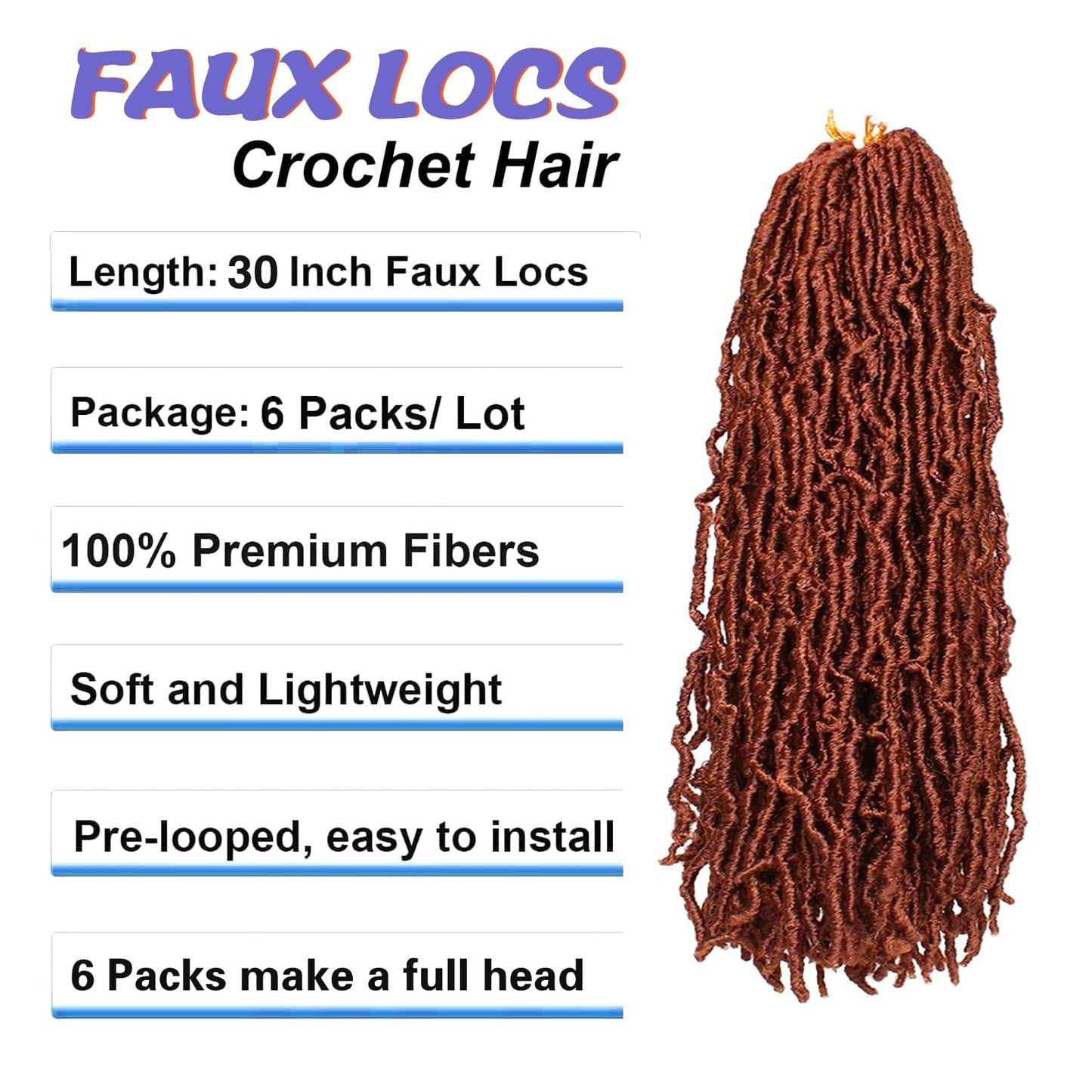 Faux Locs Crochet Hair 30 Inch 6 Packs Soft Locs Crochet Hair for Black Women New Crochet Braids Locs for Butterfly Locs Pre Looped Curly Wavy Braiding Hair Extensions (350#, 30 Inch)