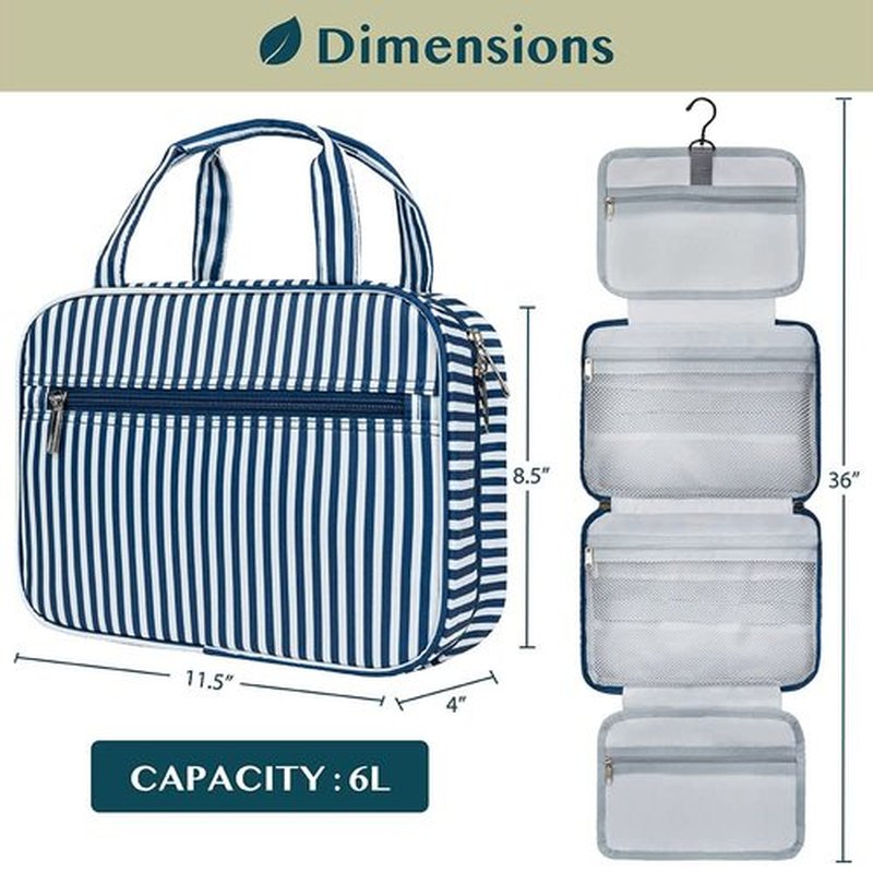 PAVILIA Hanging Toiletry Bag Travel Bag Women Men, Foldable Cosmetic Organizer, Roll up Makeup Bag, Water Resistant Accessories Toiletries, Large Travel Essentials Kit (Navy Stripe)