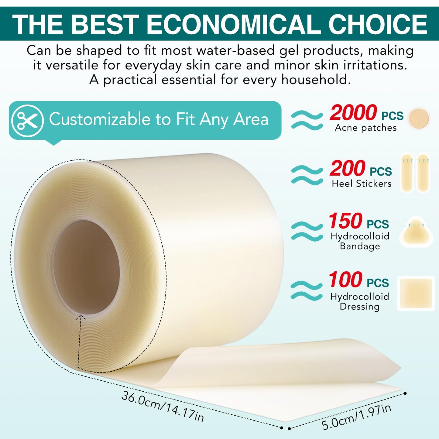 Hydrocolloid Bandages, Medical Grade Hydrocolloid Roll for Wound Care, Waterproof & Flexible Wound Dressing Roll, Extra Large Hydrocolloid Patch Bandages with Self-Adhesive-2in*11.8ft