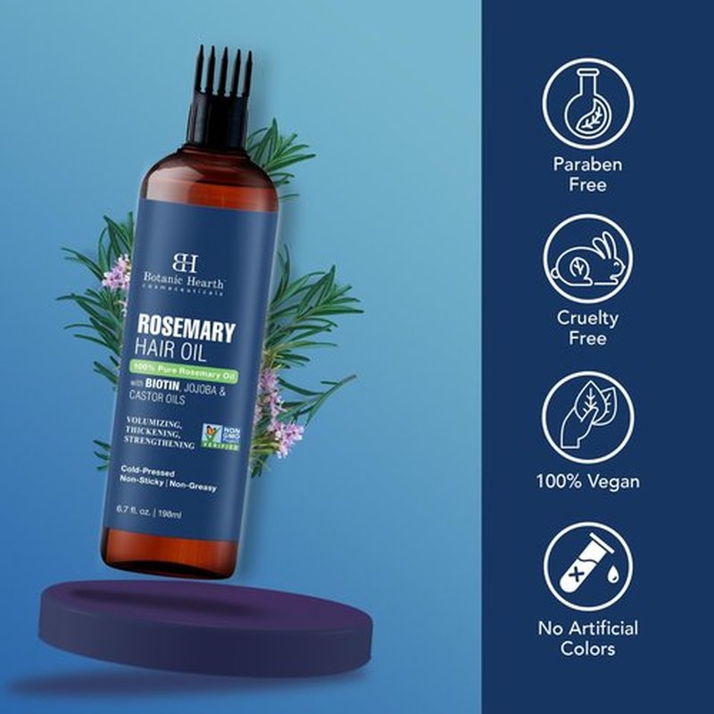 Botanic Hearth 100% Pure Rosemary Oil For Hair Growth Infused With Biotin (6.7 fl oz) | Hair strengthening Treatment | Nourishing & Volumizing | With Jojoba Oil & Castor Oil | Non GMO Verified