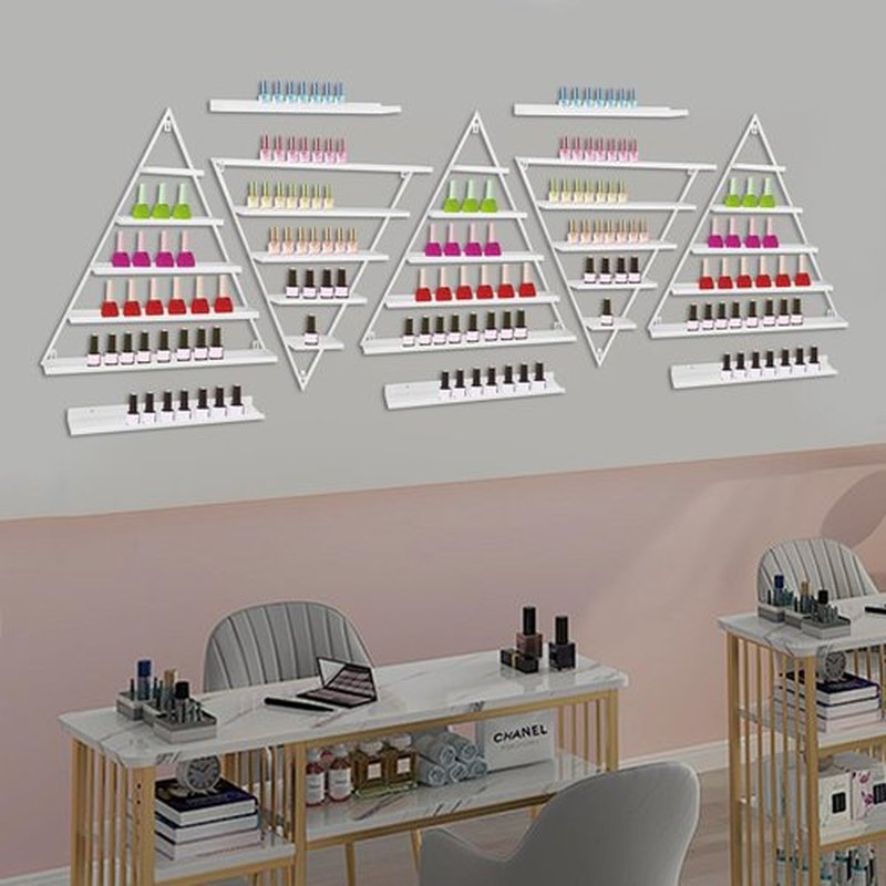 LEYSRIS Wall-Mounted Nail Polish Rack, Set of 10 Triangular White Nail Polish Shelf Lipstick Perfume Cosmetic Display Shelf for Home Spa Nail Salon Shop