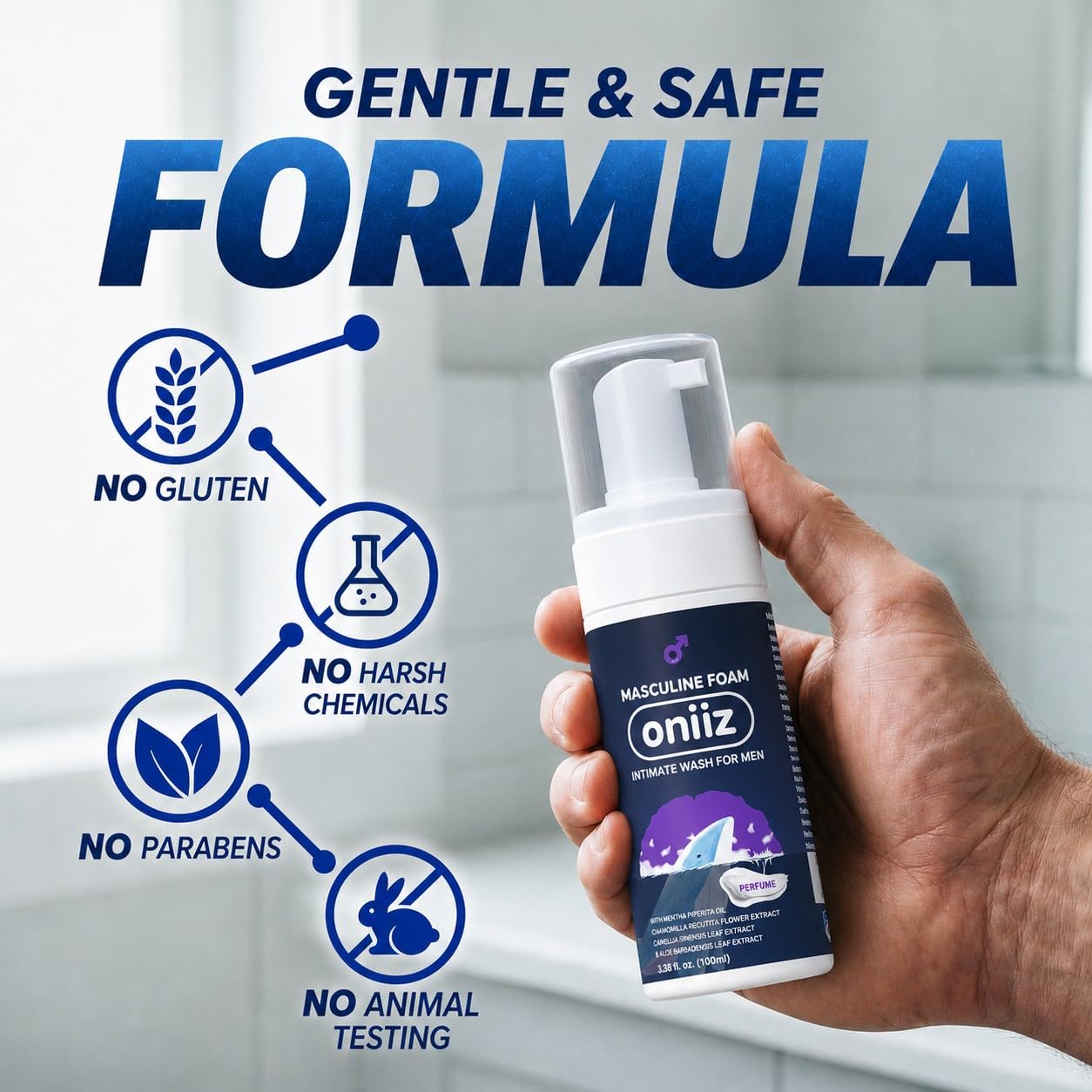 ONIIZ Masculine Foam Men’s Intimate Wash for Odor & Itch Control, pH Balanced Cleanser for Sensitive Skin with Aloe, Chamomile & Green Tea – Perfume (Light Fresh Scent) 3.38 fl oz