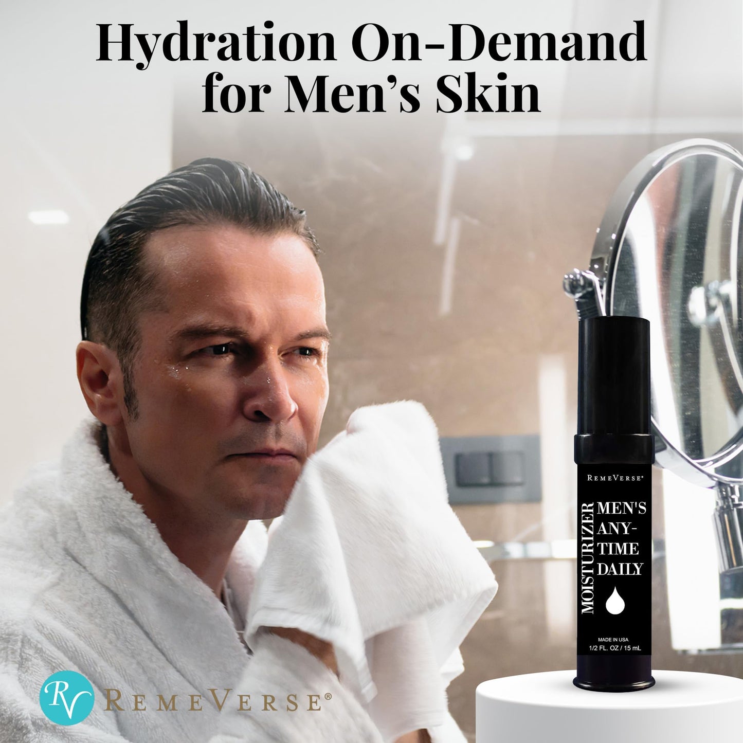 RemeVerse Men’s Anytime Daily Moisturizer with Hyaluronic Acid, Peptides, Vitamins C & E, Collagen, Green Tea - Smoothes & Hydrates Skin, Fragrance-Free, Water-Based, Youthful Care Formula - 15ml