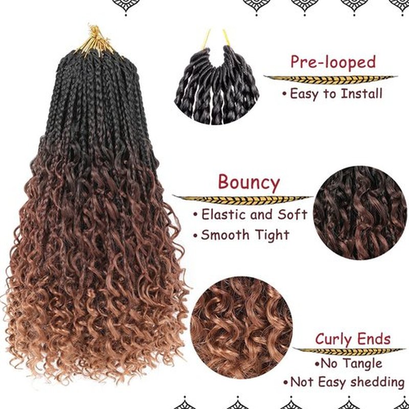 Beverlee 14 Inch Boho Box Braids 8 Packs Goddess Box Braids Crochet Hair Bohemian Hippie Braids Braiding Hair Box Braids with Curly Ends Messy Pre-looped Synthetic Crochet Hair for Women 128 Strands