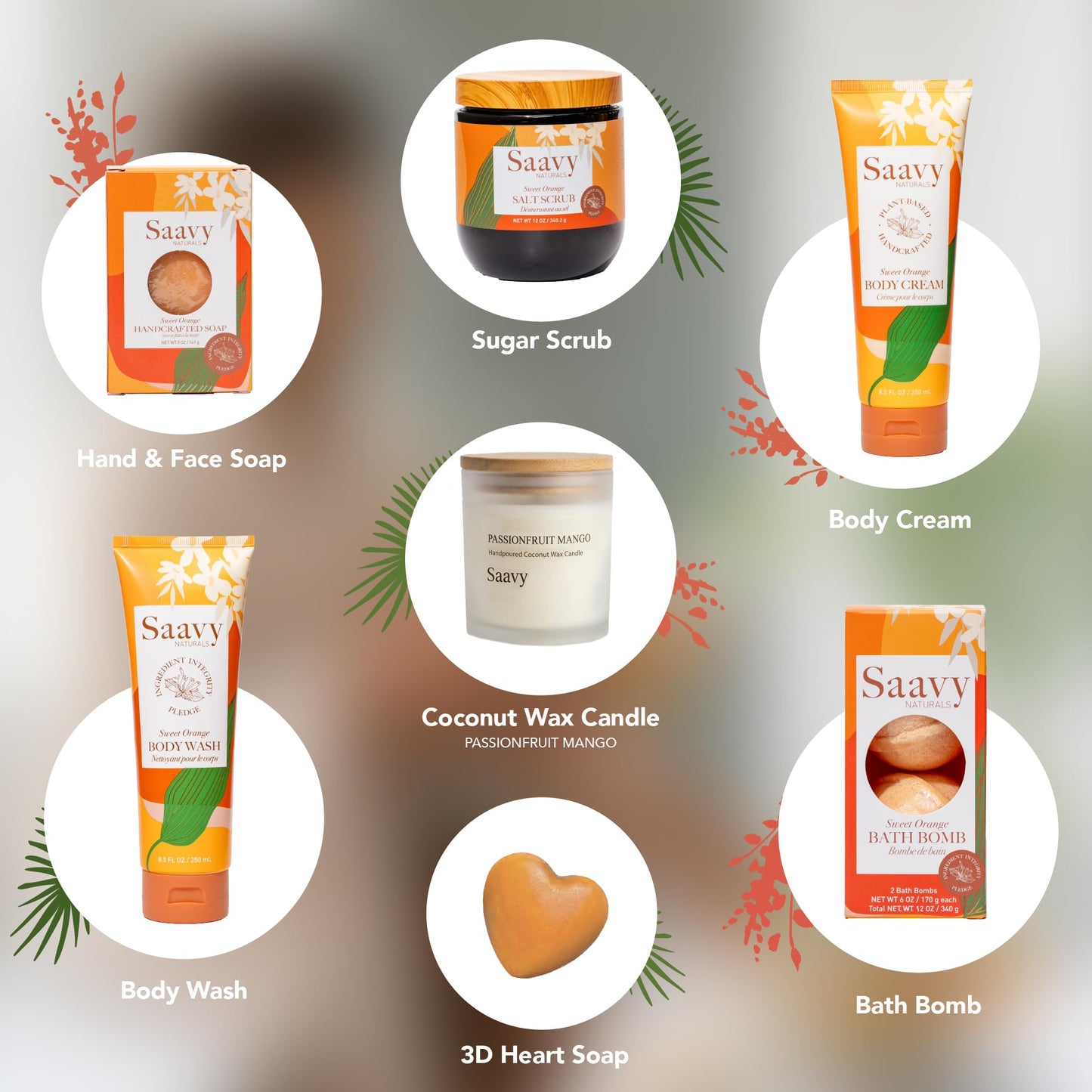 Saavy Naturals 9-Piece Spa Gift Set – Body Wash, Scrub & More – Plant-based Ingredients, Luxurious Spa Gift Basket for Women & Men –Mothers Day Gifts – (Sweet Orange GIft Set)