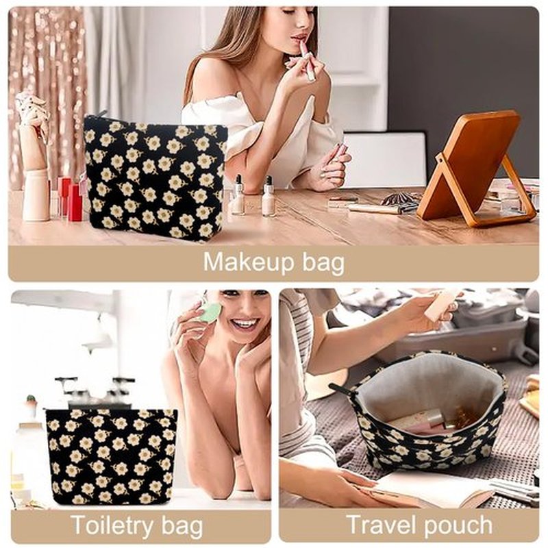 Wudimeitt Cosmetic bag Makeup bag Preppy Cute Corduroy Toiletry bag for women travel essentials (Flower black)