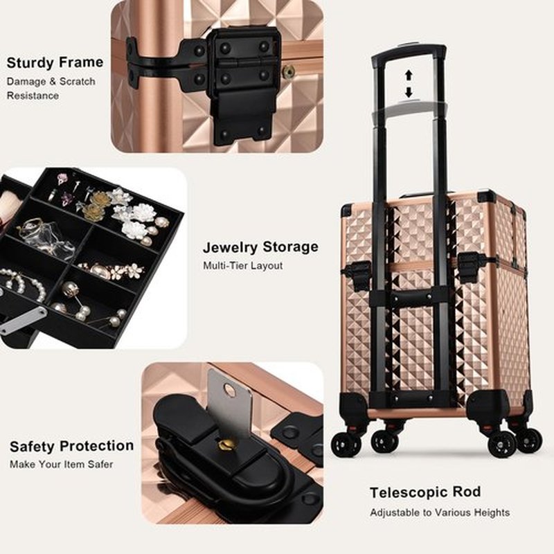 Beauty Rolling Makeup Train Case Cosmetic Trolley 4 Tray Sliding Rail Removable Middle Layer with Key Swivel Wheels Salon Barber Case Cosmetic Organizer Storage Large Travel Case - Rose Gold Diamond