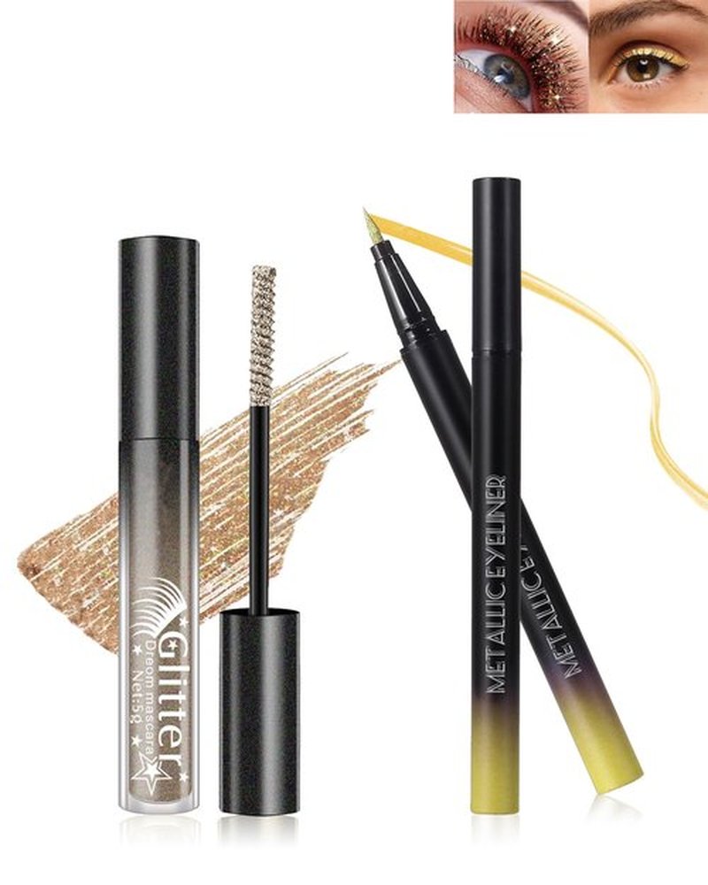 Glitter Mascara and Eyeliner Set, Diamond Sparkle Effect, Lengthening Volumizing Shimmer Colored Mascara for Eyelash, Waterproof Metallic Glitter Eyeliner Liquid, Women Cosplay Party Eye Makeup-Gold