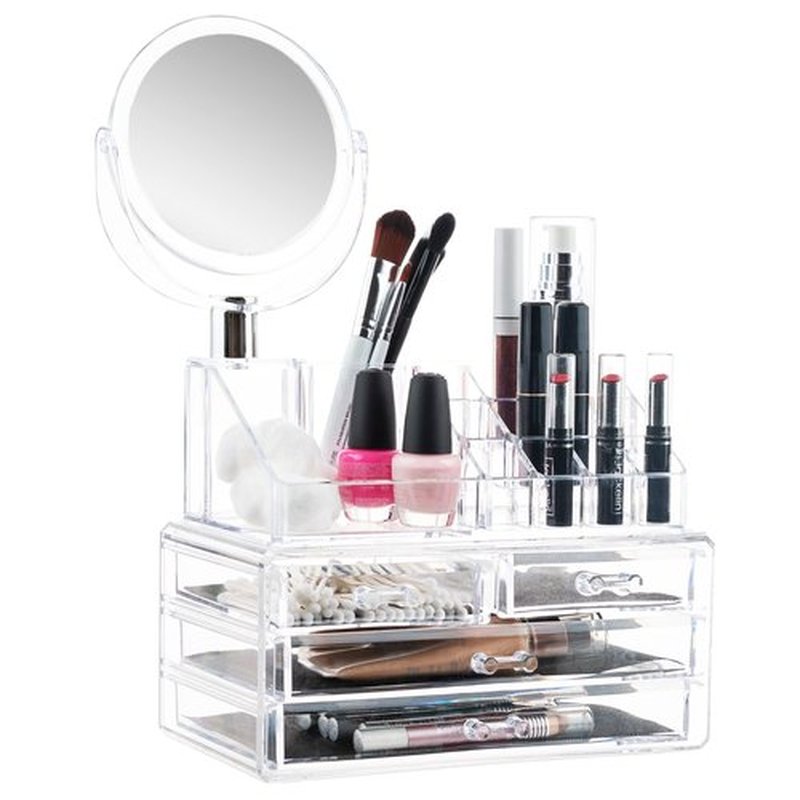 Masisrs Clear Makeup Organizer With Mirror - Cosmetic Storage Organizer - 16 Compartments - Easily Sort Make Up & Jewelry - 4 Drawer Vanity Organizer - Elegant Look - Clear Design - Makeup Holder