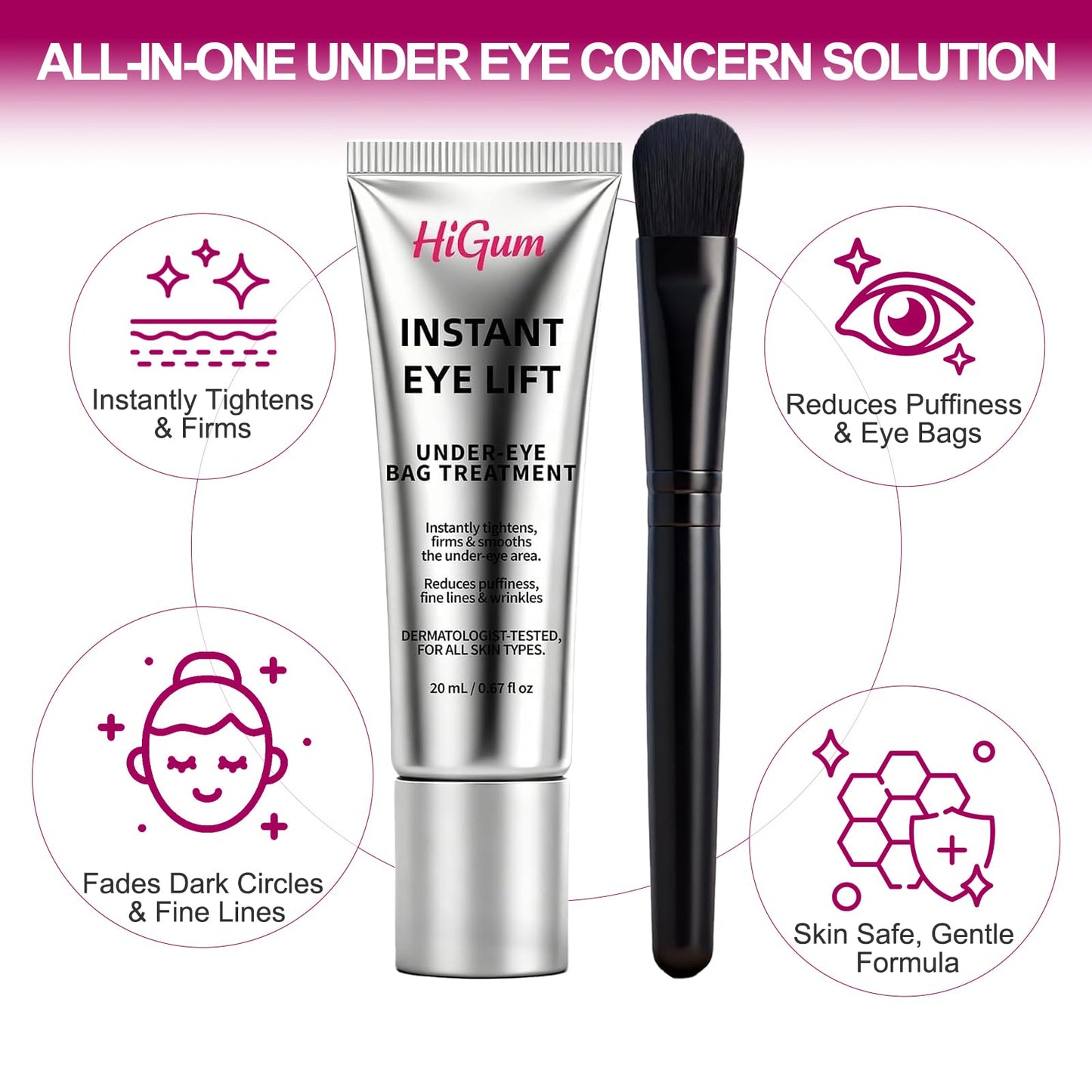 HIGUM Instant Firm Eye Lift & Tighter, Under Eye Treatment for Bags, Wrinkles, Puffiness & Dark Circles, Anti-Aging Under Eye Cream with Precision Application Brush|All Skin Types （7）
