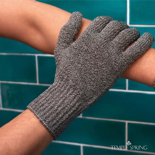 Temple Spring Exfoliating Gloves - Rayon Bamboo Bath/Shower Gloves, Bath Gloves for Shower Exfoliating and Ingrown Hair/Dead Skin Remover - Exfoliator Mitt Scrub Gloves - XL GREY